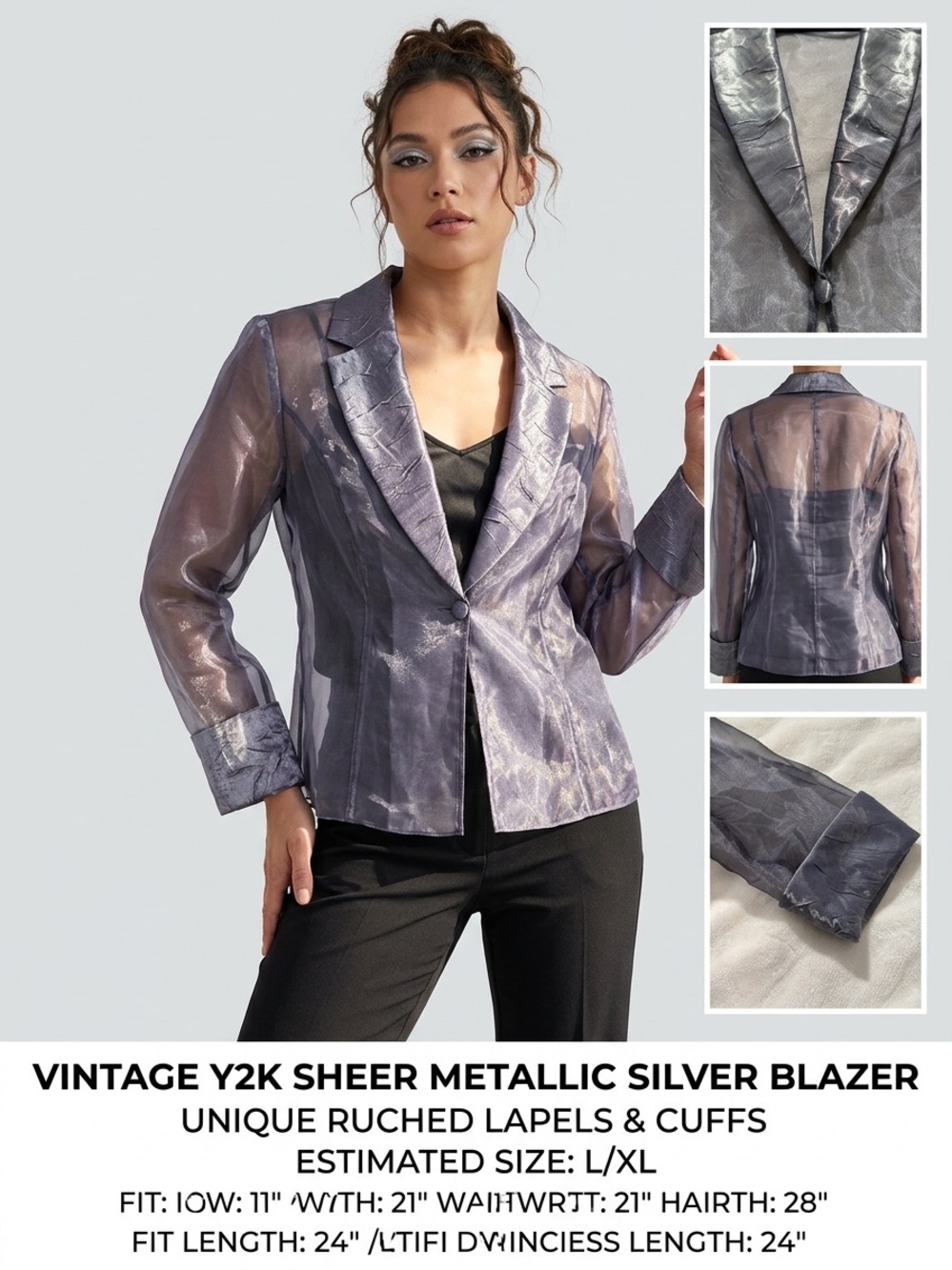Vintage Y2K Sheer Organza Blazer Metallic Silver Gray Shimmer L/XL